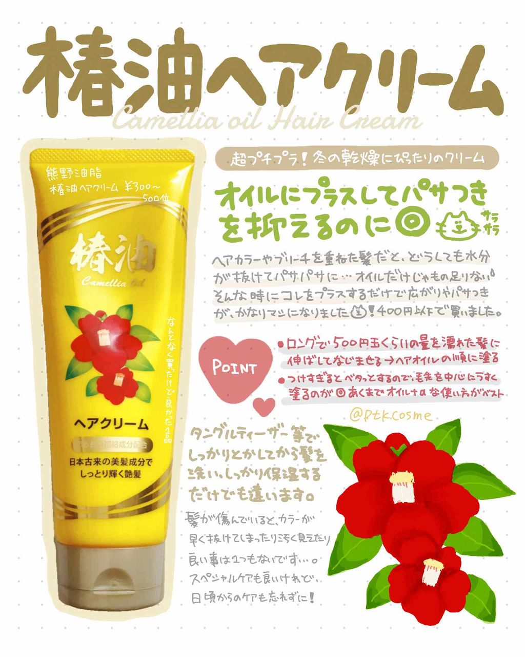 椿油ヘアクリーム 熊野油脂の口コミ 投稿頻度が下がってますごめんなさい 明日お By Ptk ぱつこ 乾燥肌 代後半 Lips