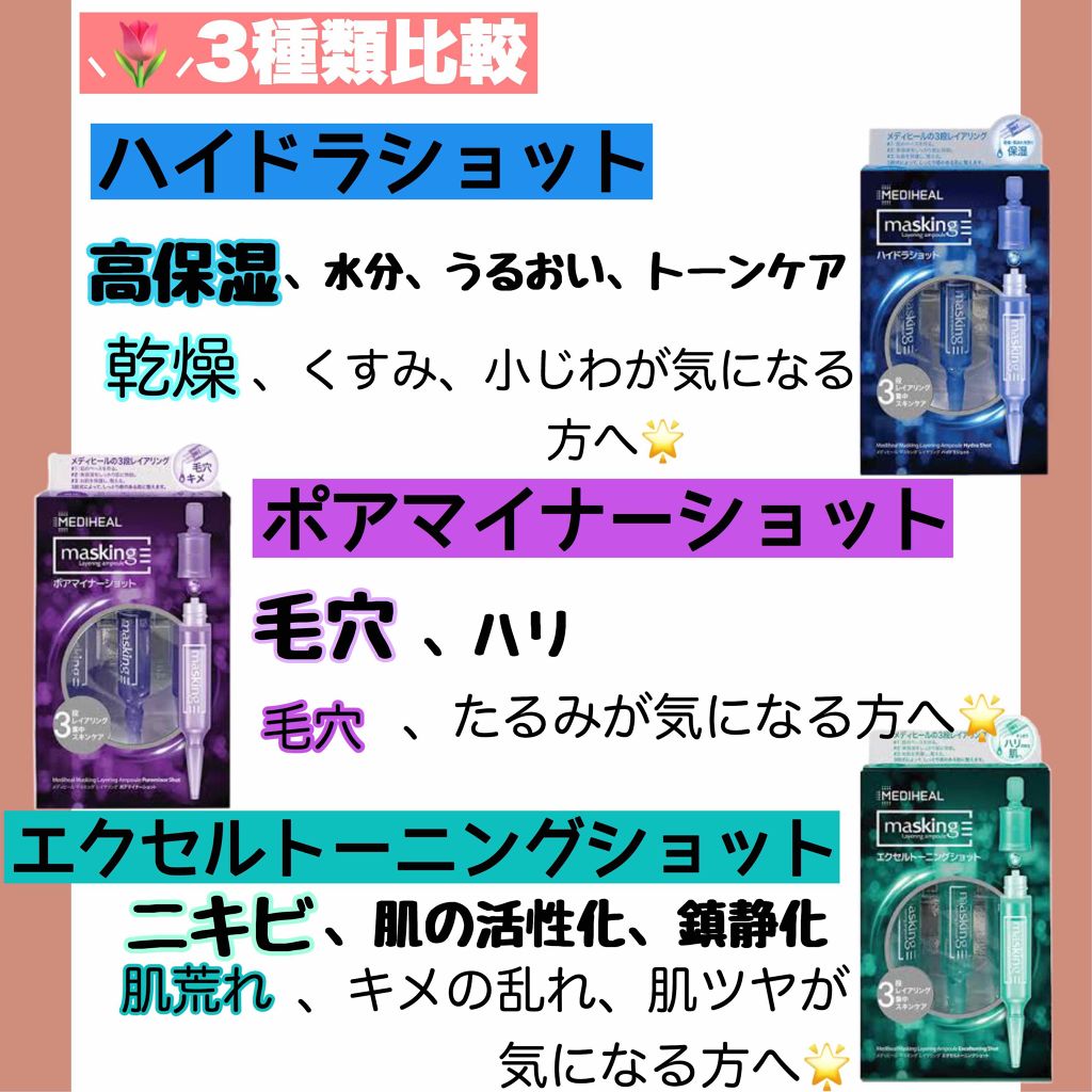 マスキング レイアリング アンプル Medihealの使い方を徹底解説 メディヒール マスキンズアンプル 3種類 By めろ 毎日投稿 普通肌 10代後半 Lips