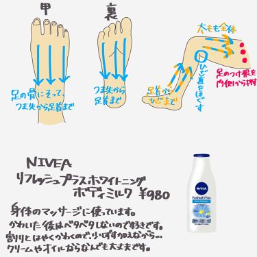 スキンケア方法 リフレッシュプラス ホワイトニング ボディミルク ニベアの使い方 効果 3ヶ月で5kg痩せた By Hz 普通肌 10代後半 Lips